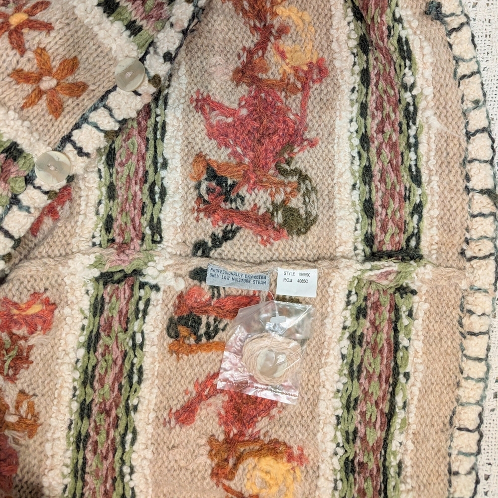 NORTHERN ISLES Vintage Wool Cardigan Women L Hand Knit Textured Embroidered  NWT - Picture 6 of 6